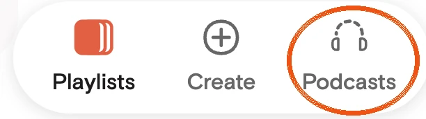 The floating menu at the bottom of the Yoto page, with Podcasts circled