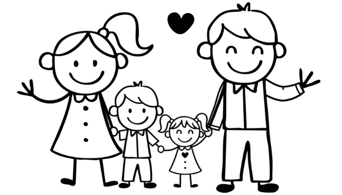 A hand-drawn family of four holding hands